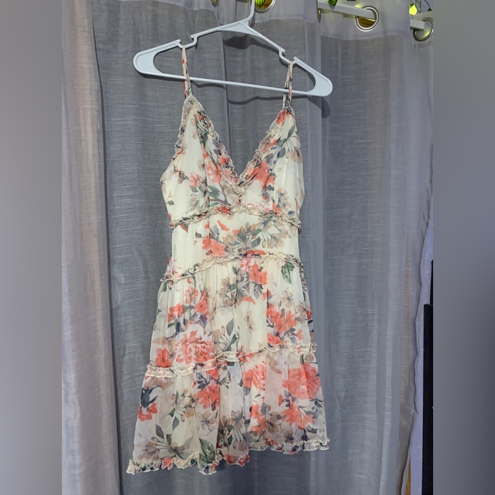 Skater dress, cream with red/pink florals, size small